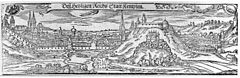 Die Burghalde in der rechten Bildhälfte hinter der kleineren Lützelburg, anonymer Holzschnitt von 1567, von Süden aus gesehen