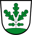 Stilisierte Eiche, bestehend aus drei Blättern und zwei Eicheln, im Wappen von Eichenau, Bayern