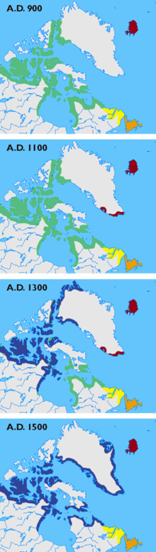 Cartes montrant les différentes cultures (Dorset, Thulé, Vikings, Innus et Béothuks) au Groenland, Labrador, Terre-Neuve et les îles arctiques canadiennes dans les années 900, 1100, 1300 et 1500