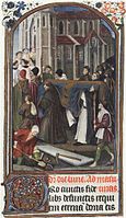 Begravelsesprosesjon illustrert i et manuskript fra Hours of the Virgin fra 1400-tallet, British Museum, 27697.