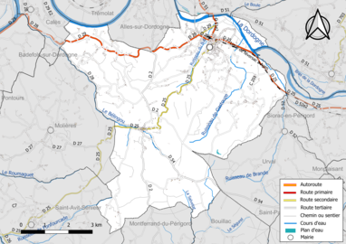 Carte en couleur présentant le réseau hydrographique de la commune