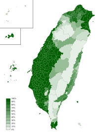  Taiwanin kieltä kotona käyttävien suhteellinen osuus eri alueilla Taiwanissa: tummemman vihreillä alueilla enemmän ja vaaleammilla alueilla vähemmän.