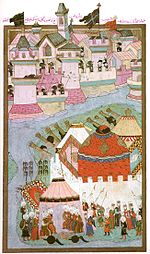 Der osmanische Diwan tritt zusammen: Der Rückzug ist bereits beschlossen, die Kanonen schweigen, der Sultan ist abgereist. (Osmanische Miniatur aus dem 16. Jahrhundert)