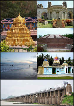 Clockwise from top-left: Kanaka Durga Temple, Kondapalli Fort, Buddhist remains in Ghantasala, Lord Andhra Vishnu temple, Prakasam Barrage, Manginagudi beach in ماچیلیپاتنام