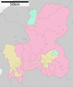 Mapa konturowa prefektury Gifu, na dole znajduje się punkt z opisem „Minokamo”