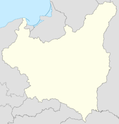 Mapa konturowa Polski w 1939, po prawej nieco na dole znajduje się punkt z opisem „miejsce bitwy”