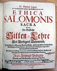 Frühe Verlagswerke Zedlers: Bethesda Portvosa, Das Hülffreiche Wasser Zum Langen Leben …, Freiberg und Leipzig 1726, sowie M. Gottlieb Jahns … Ethica Salomonis Sacra Das ist: Die Geistliche Sitten-Lehre Des Predigers Salomonis …, Freiberg 1727.