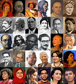 1. rivi: Atisha • Chaitanya Mahaprabhu • Ram Mohan Roy • Lalon • Ishwar Chandra Vidyasagar • Bankim Chandra Chattopadhyay 2. rivi: Jagadish Chandra Bose • Rabindranath Tagore • Begum Rokeya • A. K. Fazlul Huq • Meghnad Saha • Satyendra Nath Bose 3. rivi: Subhas Chandra Bose • Kazi Nazrul Islam • Zainul Abedin • Sheikh Mujibur Rahman • Ravi Shankar • Satyajit Ray 4. rivi: Brojen Das • Amartya Sen • Fazle Hasan Abed • Muhammad Yunus • Sharmila Tagore • Runa Laila 5. rivi: Irene Khan • Baroness Pola Uddin • Jhumpa Lahiri • Salman Khan • Rani Mukerji • Jawed Karim