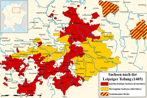 Elektoprinclando Saksio post la "Lepsika Divido" 1485: "ernestidaj" landoj ruĝe, "albertidaj" flave.