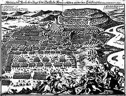 A szalánkeméni csata korabeli ábrázolása, (Matthäus Merian rézmetszete, 1702).[1] (Fent a dombon a török tábor, lent a császári állások, jobbra a Duna)