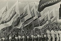 Zástup sportovní organizace Burevestnik na stadionu Dynamo, 1936
