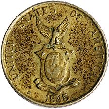10 Philippine centavos (1945), from the Commonwealth period.