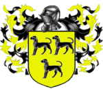 A coat of arms showing three black dogs on a field of yellow.