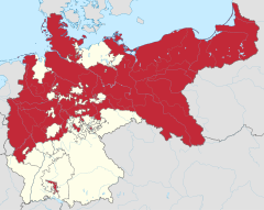 Preussen (rött) inom Tyska riket med dess gränser 1871-1918.