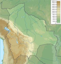 Mapa konturowa Boliwii, po lewej nieco na dole znajduje się punkt z opisem „Park Narodowy Sajama”