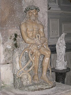 Saint-Seine-sur-Vingeanne (Côte-d'Or), église Saint-Seine, Christ de pitié en pierre calcaire peinte.