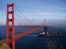 Yang Ming Line freighter passing under the Golden Gate Bridge