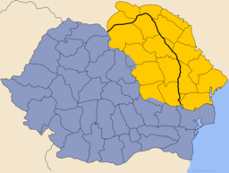 Det historiska Moldova visas i gult, med dagens nationsgräns som svart streck och resten av dagens Rumänien i blått.