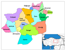 Mapa dos distritos da província de Sivas
