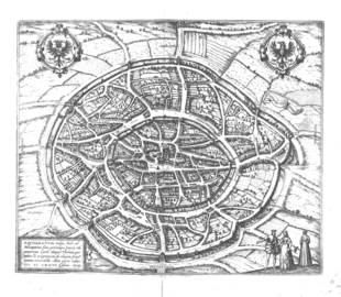 Stadtansicht Aachens mit den beiden Mauerringen, Stich von Steenwijk, 1576 (Norden unten)