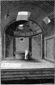 Restitution du caldarium des thermes de Pompéi avec la schola labri au centre.