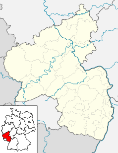 Mapa konturowa Nadrenii-Palatynatu, po prawej znajduje się punkt z opisem „Ingelheim am Rhein”