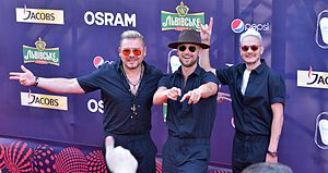 SunStroke Project at the red carpet ceremony for the Eurovision Song Contest 2017 in Kyiv, Ukraine. From left to right: Sergey Stepanov, Sergei Yalovitsky and Anton Ragoza