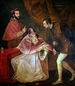 Portrait de Paul III avec ses petits-fils, huile sur toile de Titien représentant le cardinal Alexandre Farnèse, le pape Paul III et le duc de Castro Octave Farnèse (1546, musée de Capodimonte à Naples). (définition réelle 5 256 × 6 000)
