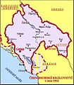 Melnkalnes Karaliste pirms Pirmā pasaules kara. Ar svītrojumu iezīmētas tās teritoriālās pretenzijas (1914)