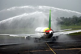 Watersaluut van 'n Camair-Co Boeing 767-300ER.