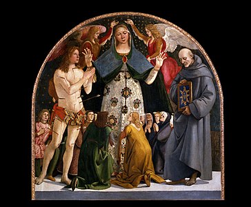 Vierge de miséricorde avec les saints Sébastien et Bernardin de Sienne par Luca Signorelli, vers 1490 (Pienza).