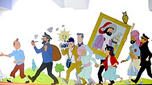 Personnages de l'univers de Tintin peints sur un mur blanc.