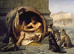 Diógenes, en su tinaja-vivienda, pintado en 1860 por Jean-Léon Gérôme. Museo Walters.