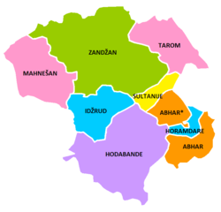 Zandžanski okrug na karti Zandžanske pokrajine (označen zelenom na sjeveru)