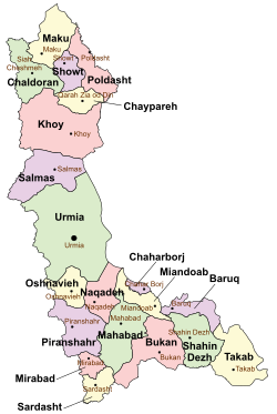 Location of Baruq County in West Azerbaijan province (bottom right, purple)