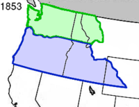 Het Oregonterritorium (blauw) met het Washingtonterritorium (groen) in 1853