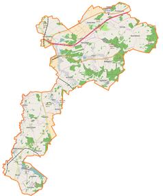 Mapa konturowa gminy wiejskiej Zgorzelec, na dole po lewej znajduje się punkt z opisem „Ręczyn”