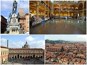 Kolase gambar kota, menunjukkan Fontana del Nettuno, Perpustaan Umum, Piazza Maggiore dan pemandangan kota.