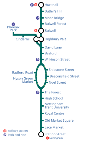 A map of the Nottingham tramway.
