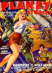 Couverture en couleur d'un magazine représentant au premier plan une jeune femme menacée par un monstre extraterrestre, au deuxième plan un astronaute combattant un autre extraterrestre et en arrière plan un troisième monstre avançant vers une fusée protégée par un astronaute âgé