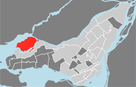 L'île Bizard (partie insulaire en rouge seulement), au nord-ouest de Montréal.