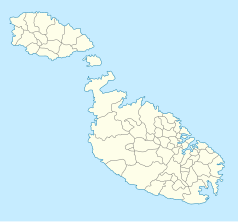 Mapa konturowa Malty, u góry po lewej znajduje się punkt otoczony kołem zębatym z opisem „Cittadella”