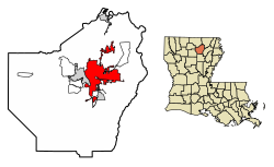 Location of Monroe in Ouachita Parish, Louisiana.