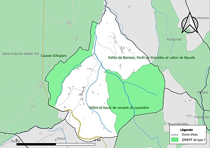 Carte des ZNIEFF de type 1 sur la commune.