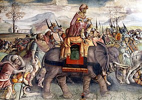 Kapitolská freska s Hannibalem a jeho slonem překračujícím Alpy za druhé punské války (1510)