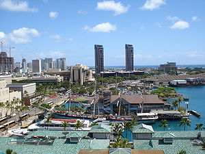 The Hawaii Maritime Center and the Falls of Clyde seen from Aloha Tower, looking east