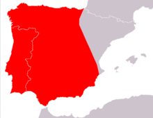 Carte de la péninsule Ibérique avec un large zone rouge, sauf au nord est