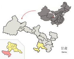 Maqu County (red) within Gannan Prefecture (yellow) and Gansu