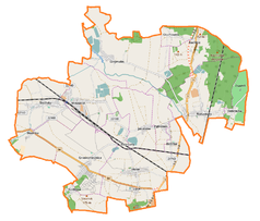 Mapa konturowa gminy Miłkowice, blisko centrum na dole znajduje się punkt z opisem „Pałac w Pątnówku”
