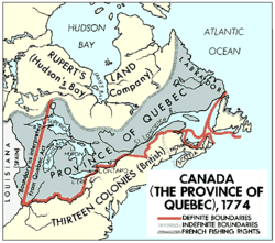 Wilayah Amerika Utara bagian timur pada tahun 1774 setelah Undang-Undang Quebec.